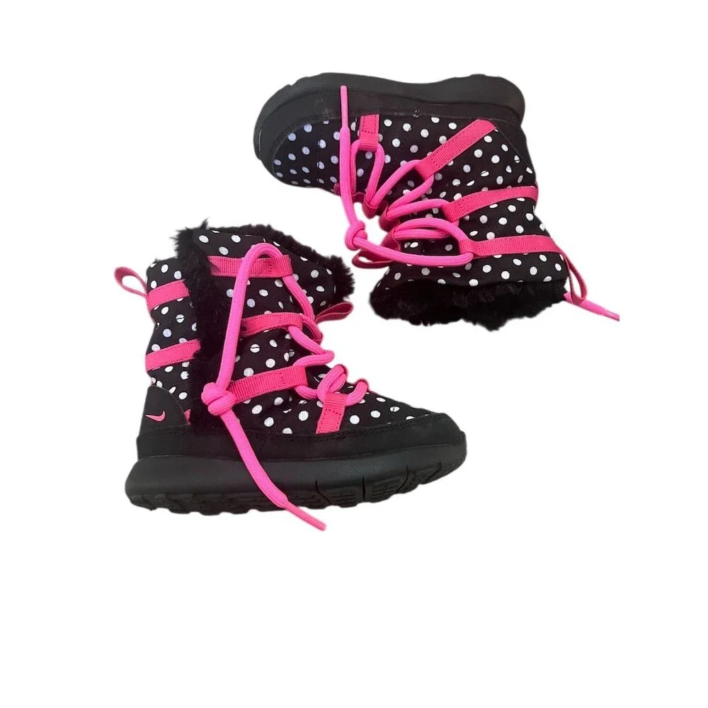 Nike Roshe One Girls Sneakerboot Black White Polka Dot Pink Faux Fur Lined